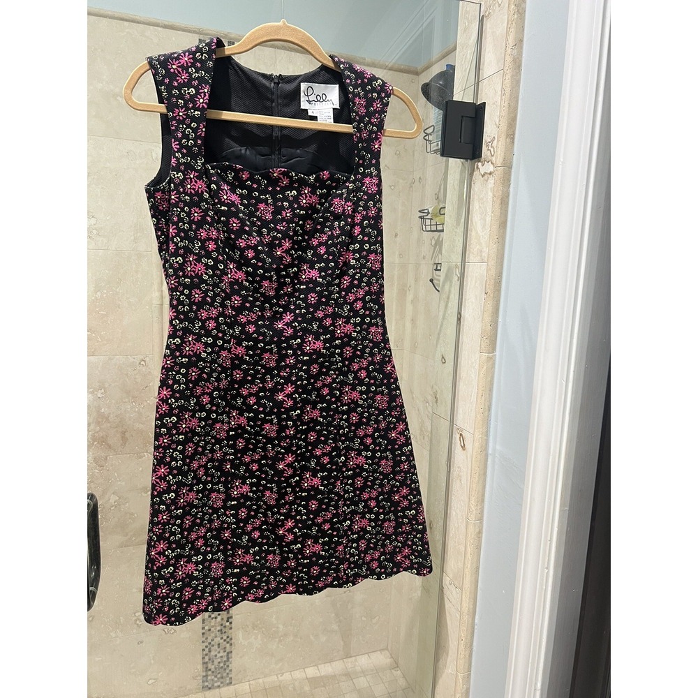 Lilly Pulitzer Vintage Hot Pink Floral Scalloped Hem Sheath Dress Black Green 4